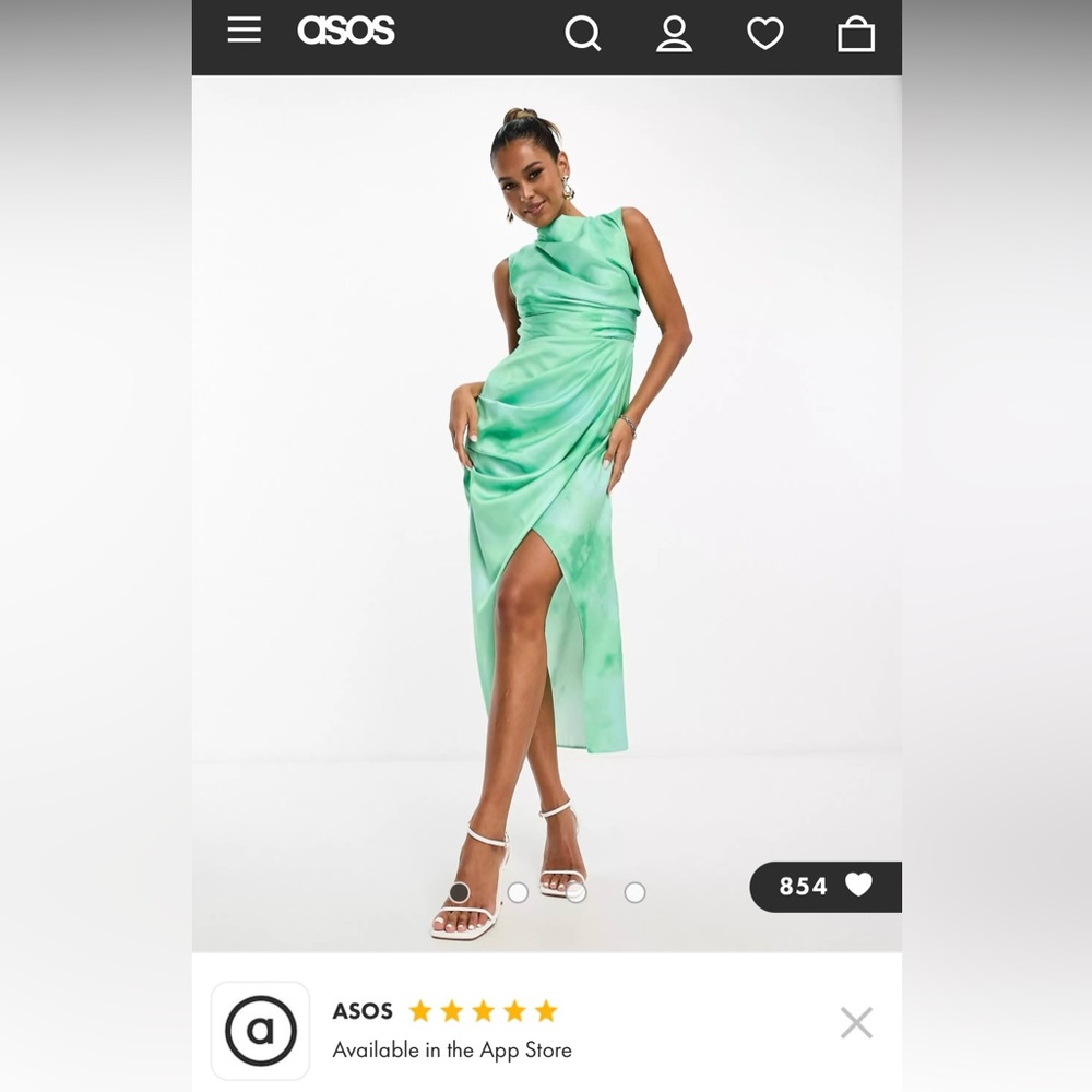 ASOS DESIGN satin drape midi dress with wrap skirt in green watercolor print